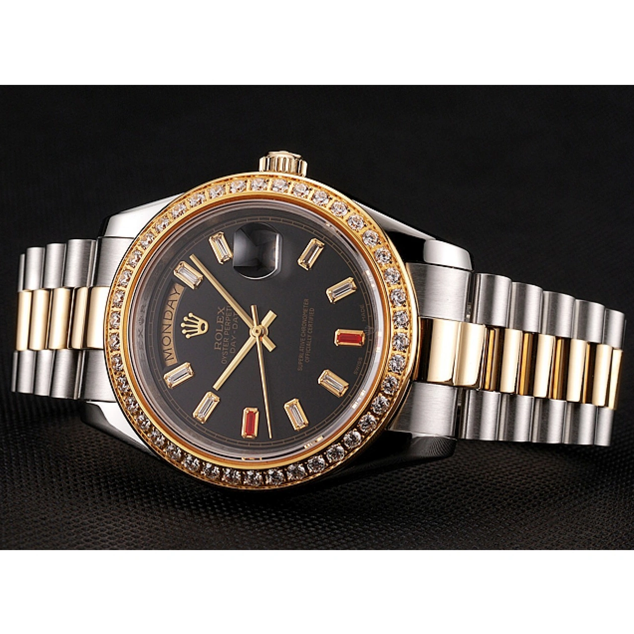 Rolex aaa copy Tone Bracelet Rolex Day-Date Two Black And 1454105 Swiss Dial Rubies Diamonds 1026